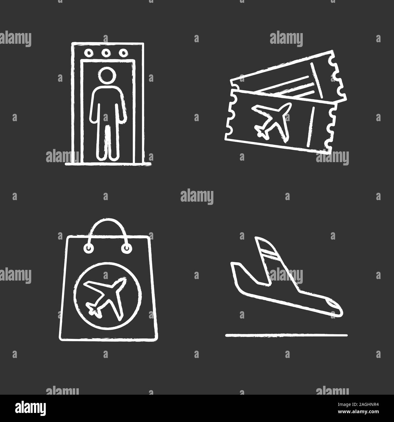 Airport Service chalk Symbole gesetzt. Portal Metalldetektor, Flugtickets, Duty free Einkauf, Flugzeug Ankunft. Isolierte vektor Tafel Abbildungen Stock Vektor