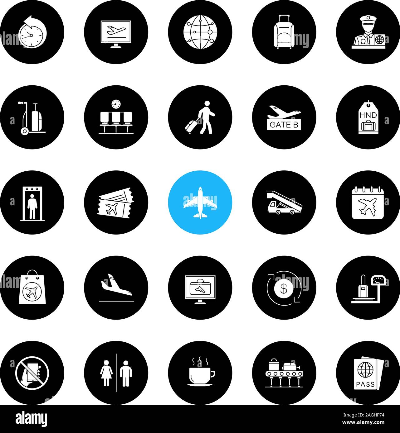 Airport Service glyph Symbole gesetzt. Passkontrolle, Gepäck, Tickets, Flüge, Management. Vektor weisse Silhouetten Abbildungen in schwarzen Kreisen Stock Vektor