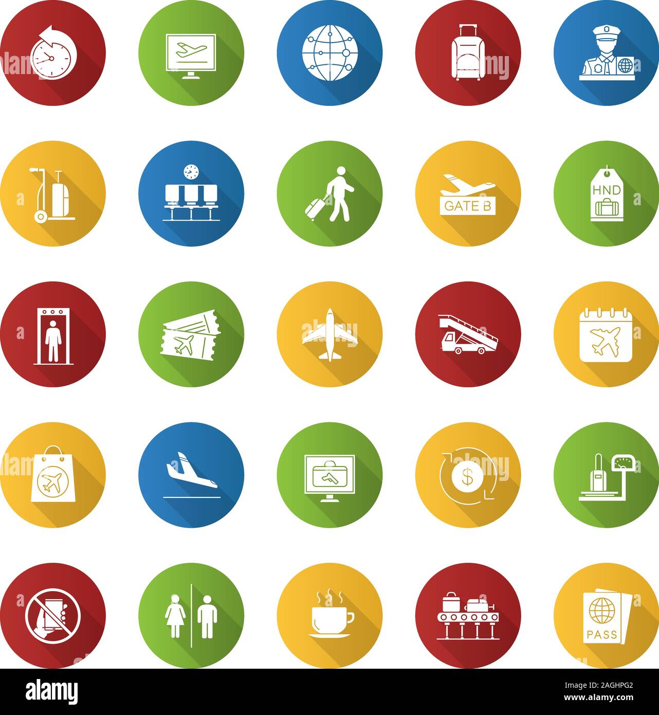 Airport Service flache Bauweise lange Schatten Glyphe Symbole gesetzt. Passkontrolle, Gepäck, Tickets, Flüge, Management. Vektor silhouette Abbildung Stock Vektor