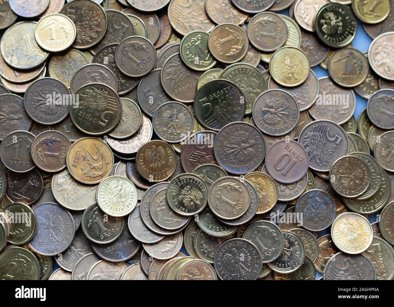 Münzen, polnische Währung, Einsparungen aus dem Glas. Stockfoto