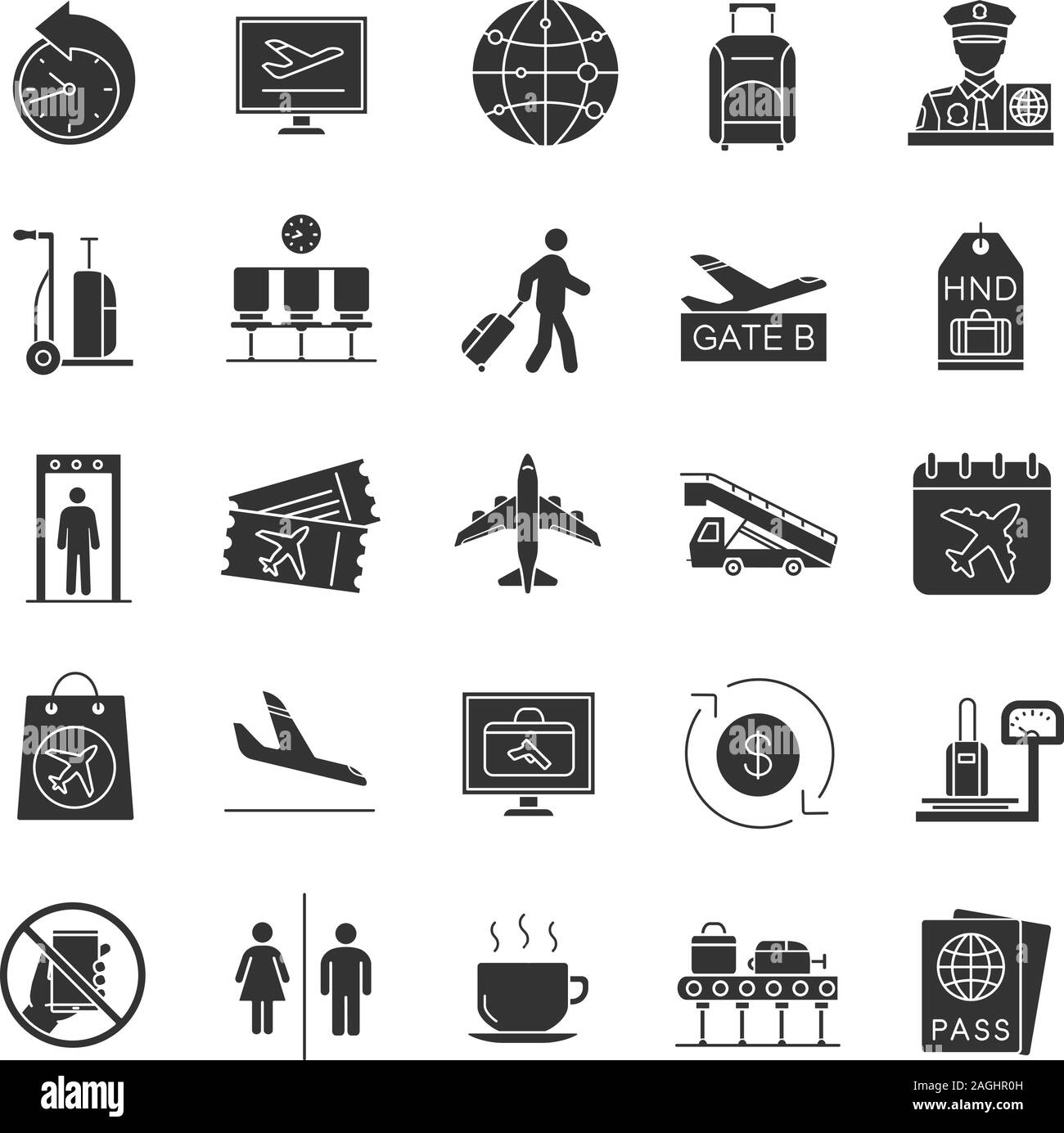 Airport Service glyph Symbole gesetzt. Passkontrolle, Gepäck, Tickets, Flüge, Management. Silhouette Symbole. Vektor isoliert Abbildung Stock Vektor