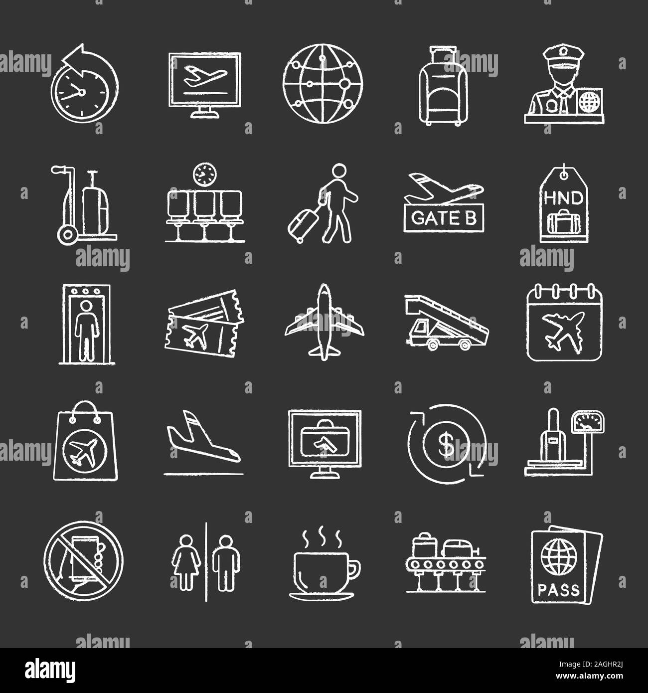 Airport Service chalk Symbole gesetzt. Passkontrolle, Gepäck, Tickets, Flüge, Management. Isolierte vektor Tafel Abbildungen Stock Vektor