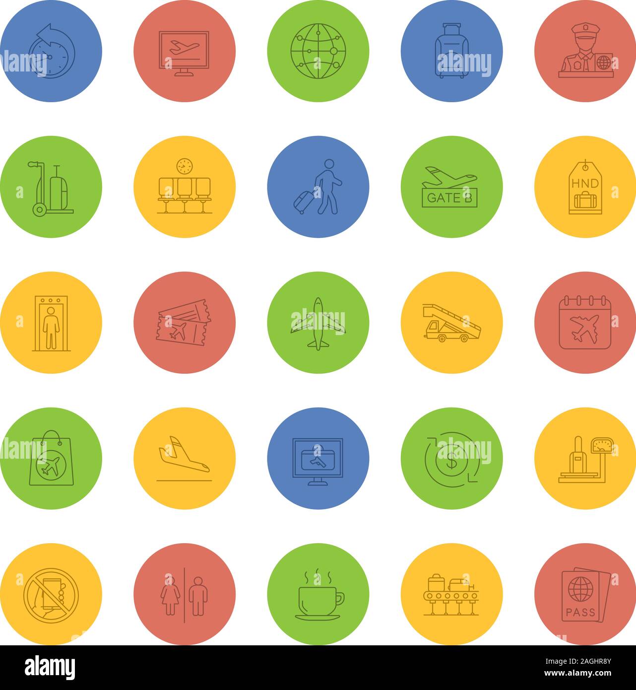 Airport Service lineare Symbole gesetzt. Passkontrolle, Gepäck, Tickets, Flüge, Management. Thin Line outline Symbole auf farbigen Hintergrund. Vektor Stock Vektor
