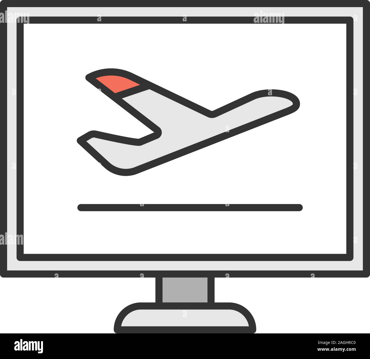 Flugtickets online buchen Farbe Symbol. Flüge schedule.Computer Display mit dem Flugzeug. Isolierte Vector Illustration Stock Vektor