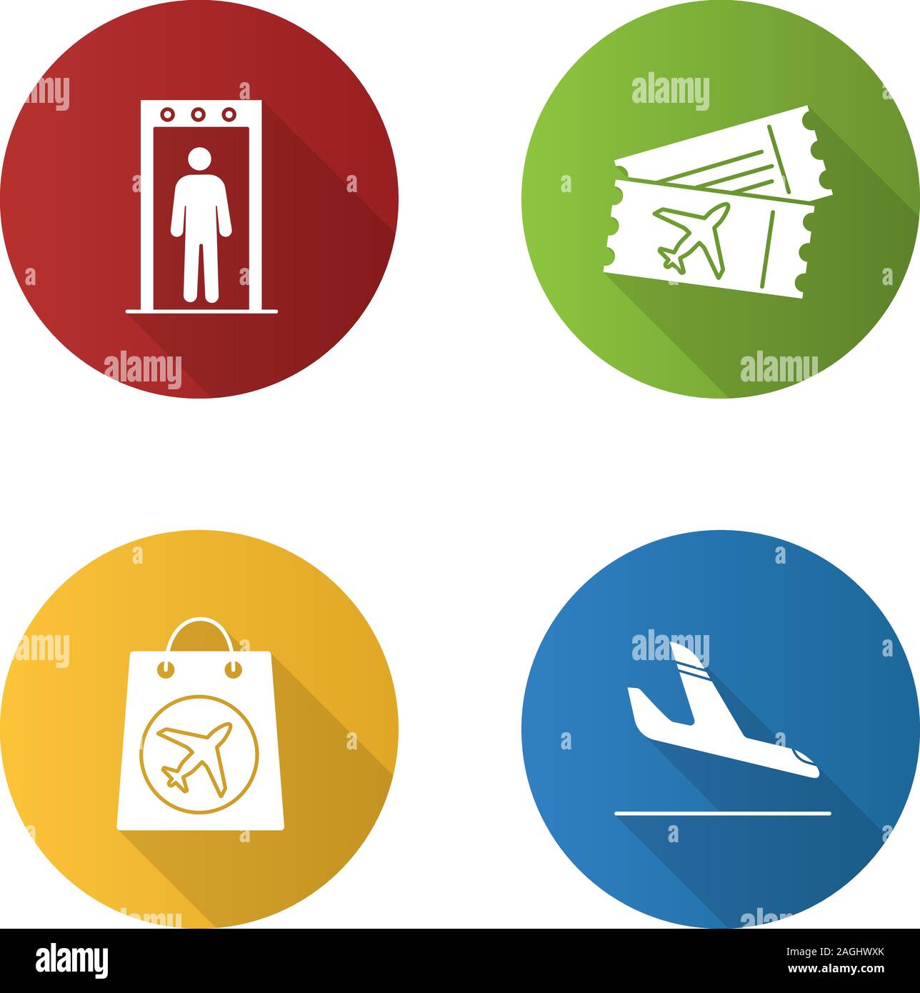 Airport Service flache Bauweise lange Schatten Glyphe Symbole gesetzt. Portal Metalldetektor, Flugtickets, Duty free Einkauf, Flugzeug Ankunft. Vektor silhouett Stock Vektor