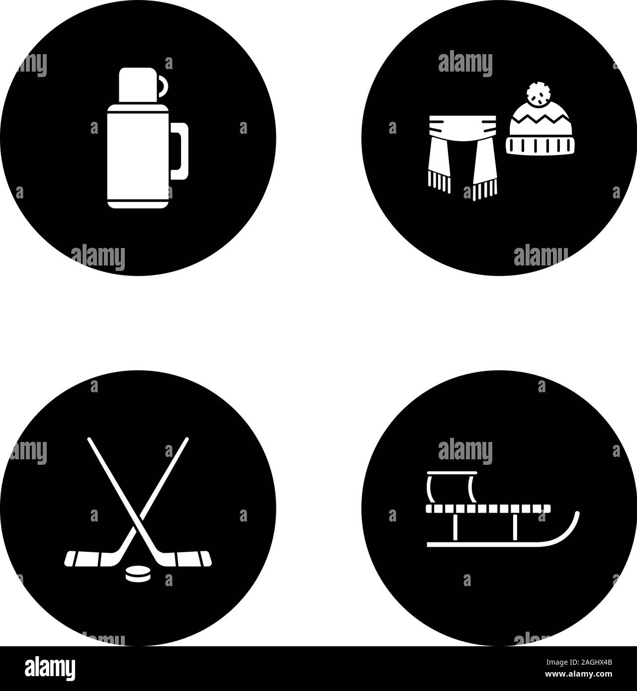 Aktivitäten im Winter Glyphe Symbole gesetzt. Thermoskanne, Schal und Hut, Eis Hockeyschläger und Puck, Schlitten. Vektor weisse Silhouetten Abbildungen in schwarzen Kreisen Stock Vektor
