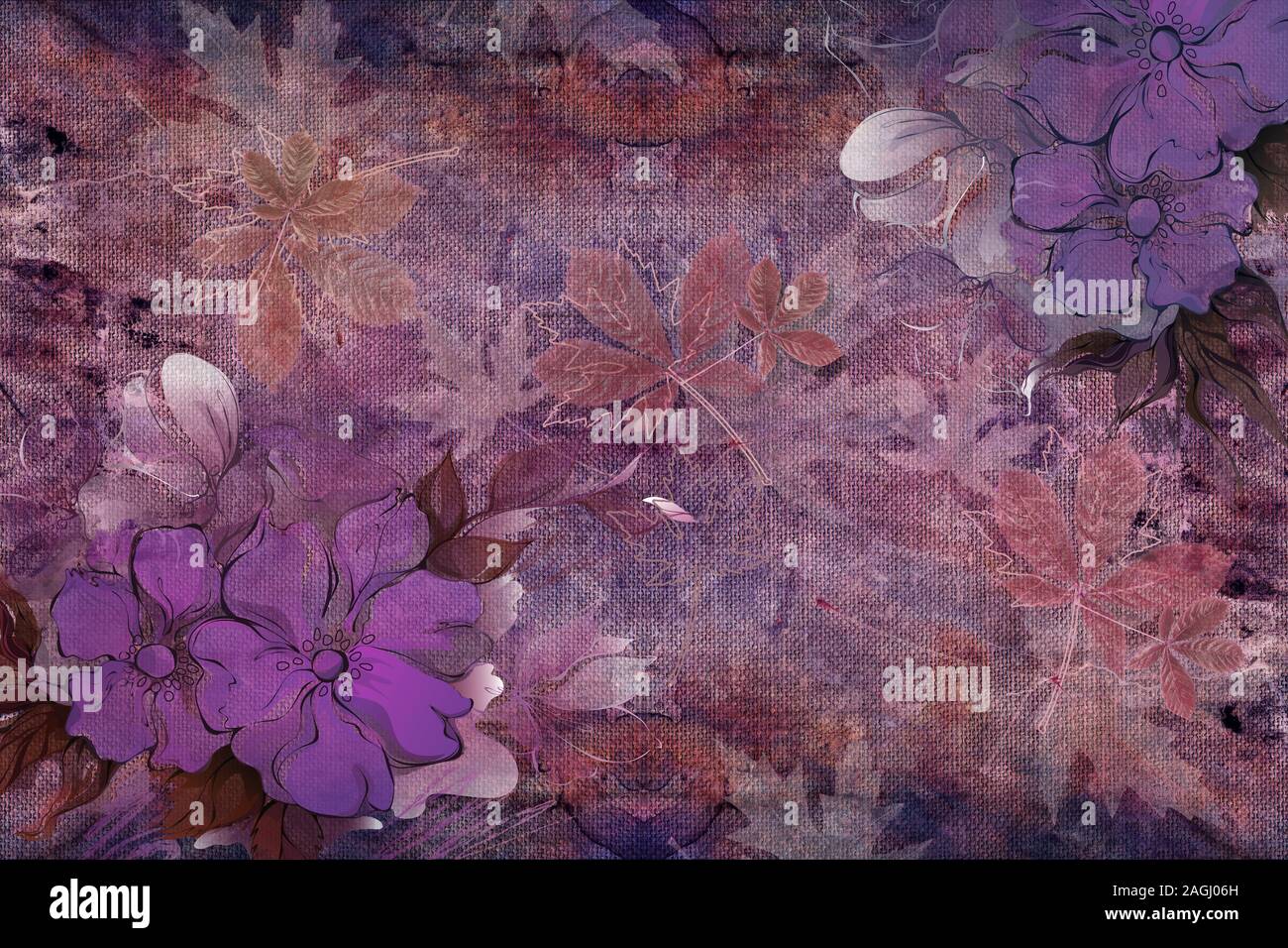 3D-Hintergrund Textur, wilde Blumen auf Stoff Canvas. Lavendel Farbe, Fresko Wirkung. Stockfoto