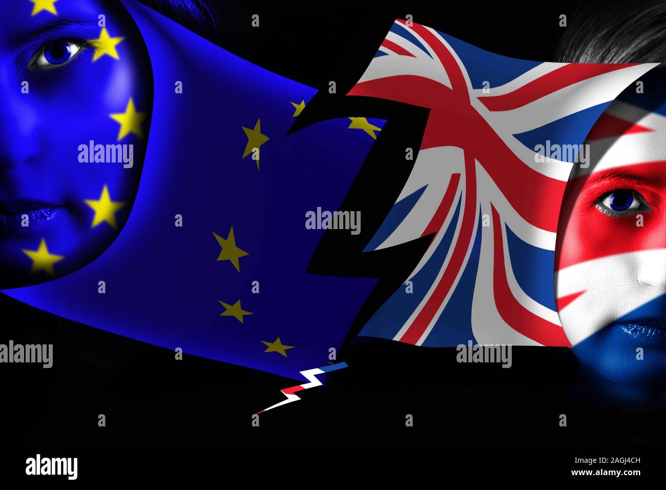 Brexit. UK EU verlassen. Flagge von Großbritannien und der Europäischen Union malte auf menschliches Gesicht. Stockfoto