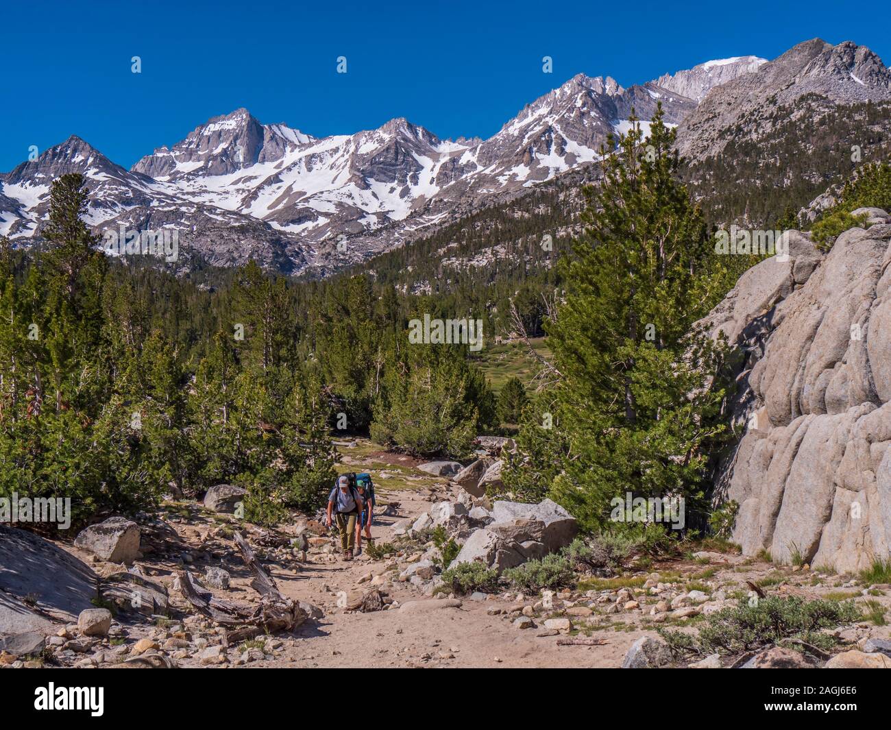 Backpackers wandern bis die Seen Valley Trail, John Muir Wildnis, Inyo National Forest, Kalifornien. Stockfoto