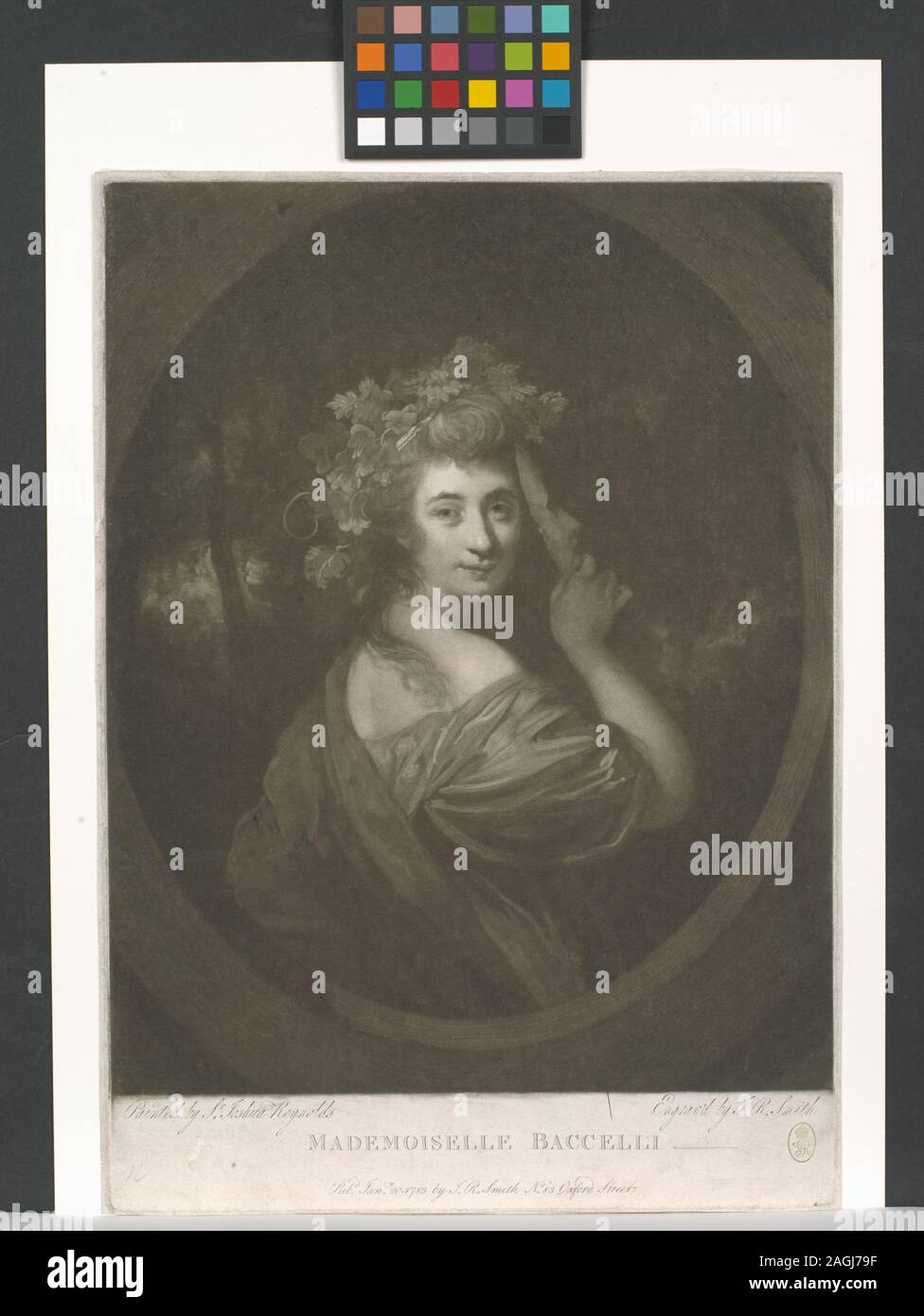Von Sir Joshua Reynolds, von J.R.Smith graviert gemalt. Halbe Länge, über der rechten Schulter, die Maske in der rechten Hand. Getrimmt; Lager Stempel der Königin Victoria.; Mademoiselle Baccelli Stockfoto