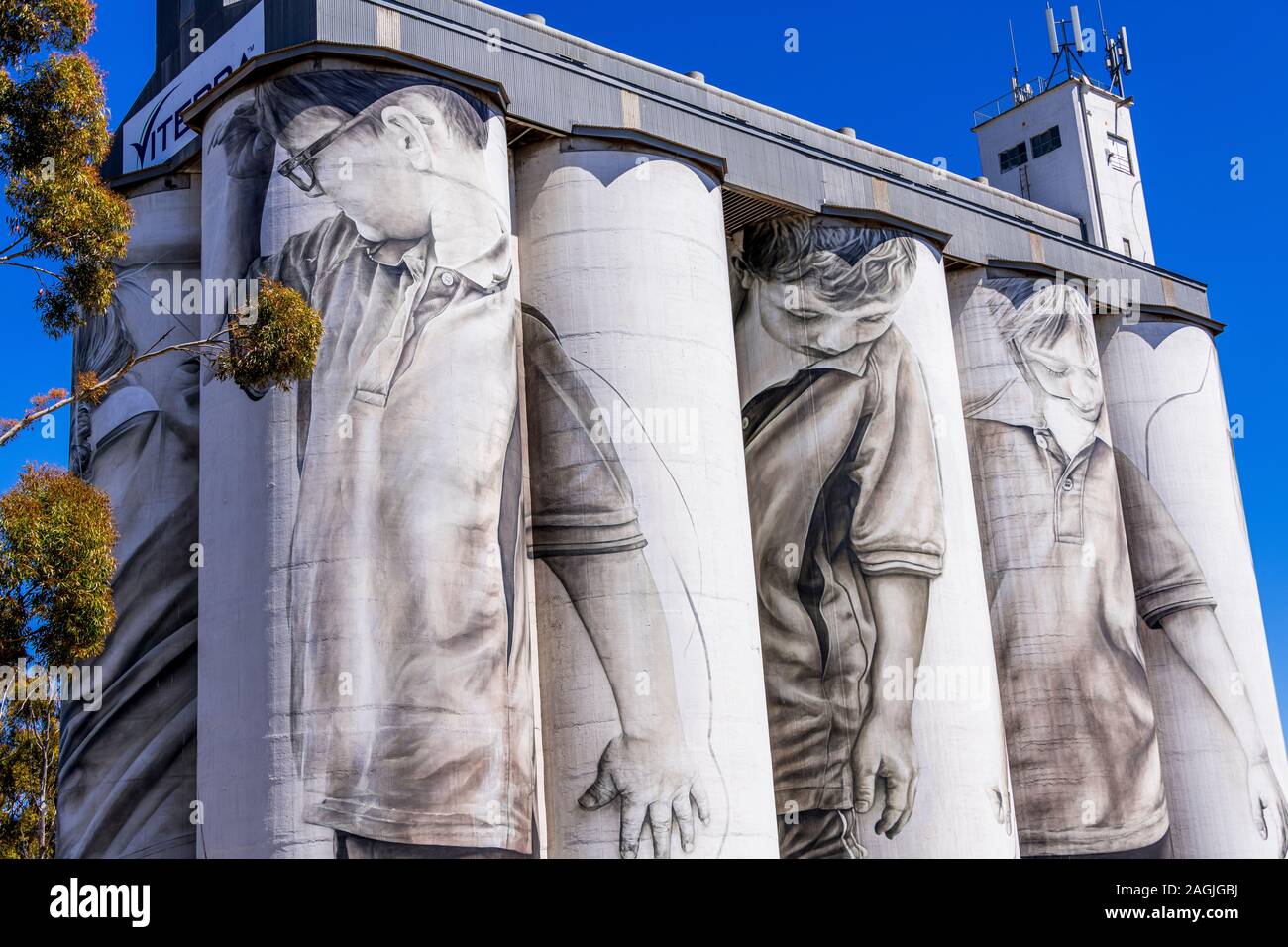 Coonalpyn Silos und ihren tollen großen Wandgemälde des Künstlers Guido van Helten mit dem Titel "Hoffnung für die Zukunft". Stockfoto