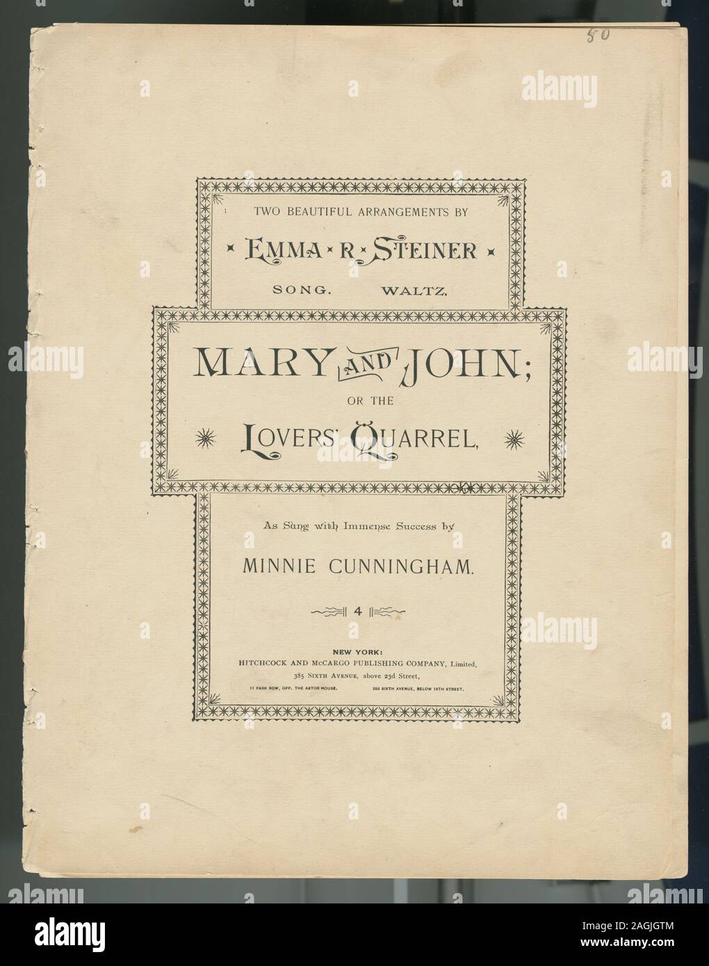 Auf t. s.: Zwei schöne Anordnung von Emma R. Steiner: Song; Walzer ... als gesungen mit immensen Erfolg von Minnie Cunningham. Angabe zur Verantwortlichkeit: [von] Emma R.Steiner.; Maria und Johannes, oder, der liebenden Streit Stockfoto