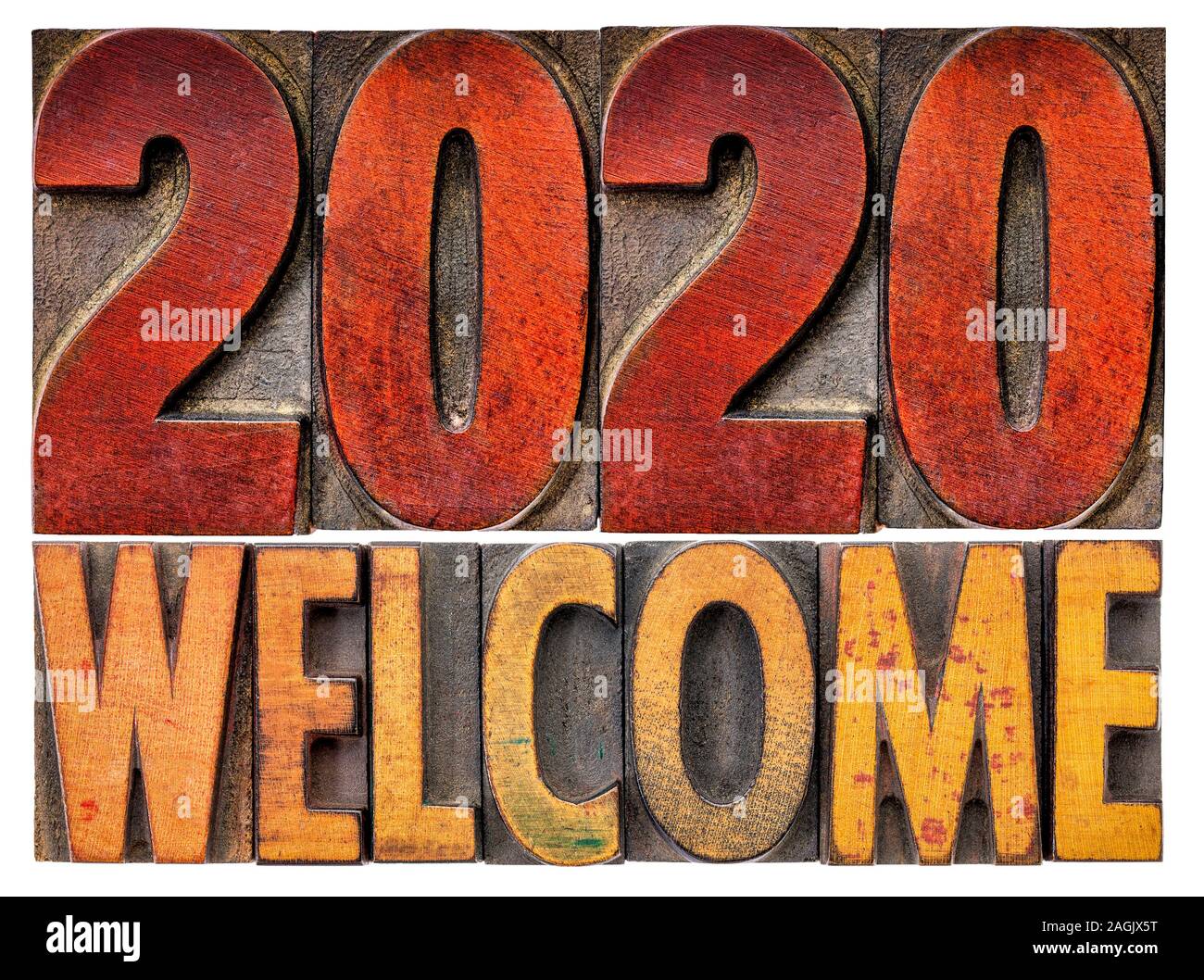 2020 Willkommen - isolierte Wort in Text in Vintage buchdruck Holz Art abstrakt, Neues Jahr Grußkarte Stockfoto