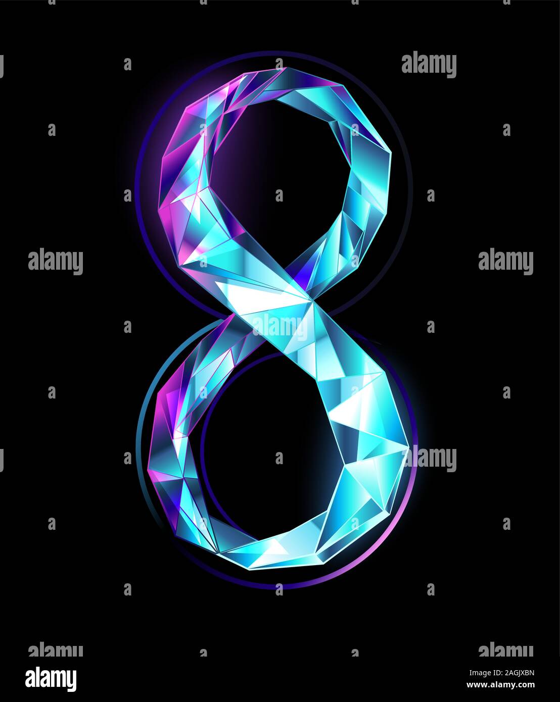 Neon, polygonal, leuchtend, kristalline Nummer Acht auf schwarzem Hintergrund. Der Tag der Frau. Stock Vektor