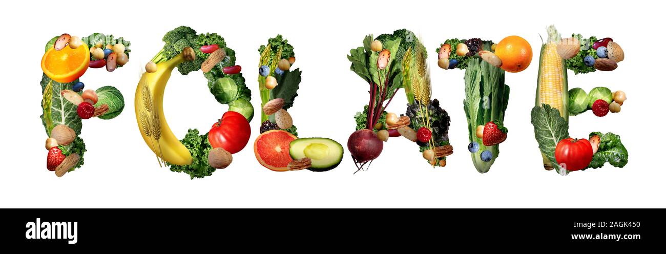 Folsäure Vitamin B als natürliches Nahrungsergänzungsmittel für eine gesunde Lebensweise oder gesundheitliche Vorteile als grüne Gemüse Obst Nüsse und Bohnen als Text geprägt. Stockfoto