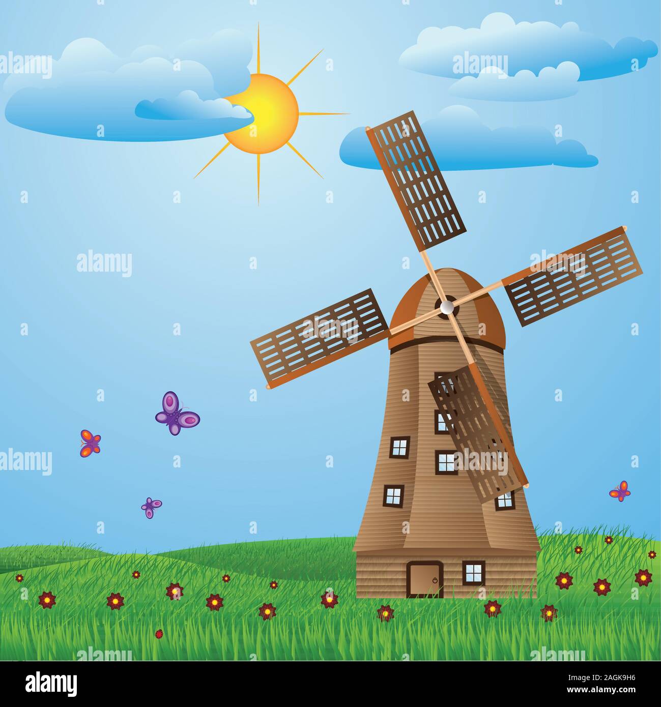 Grüne Wiese mit alten Windmühle, Wolken, Blumen und Schmetterlinge. Stock Vektor