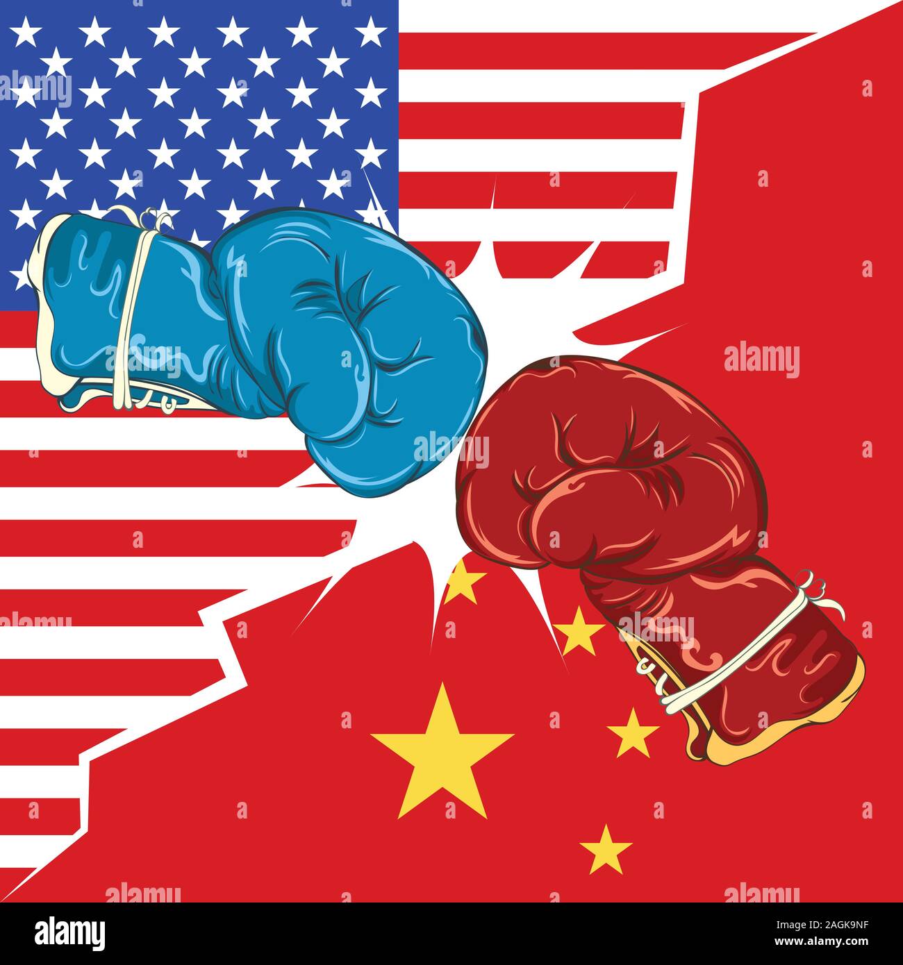 Retro Boxhandschuhe rot und blau, in den USA und China Handel Krieg Konzept. Stock Vektor