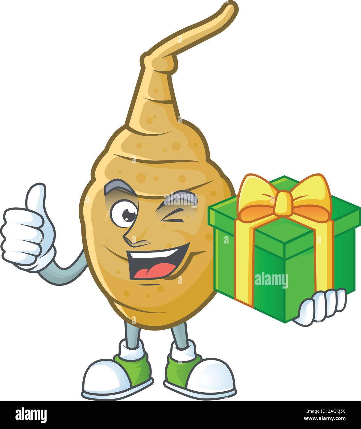 Cartoon Charakter der glücklichen Topinambur mit Geschenkbox Stock Vektor