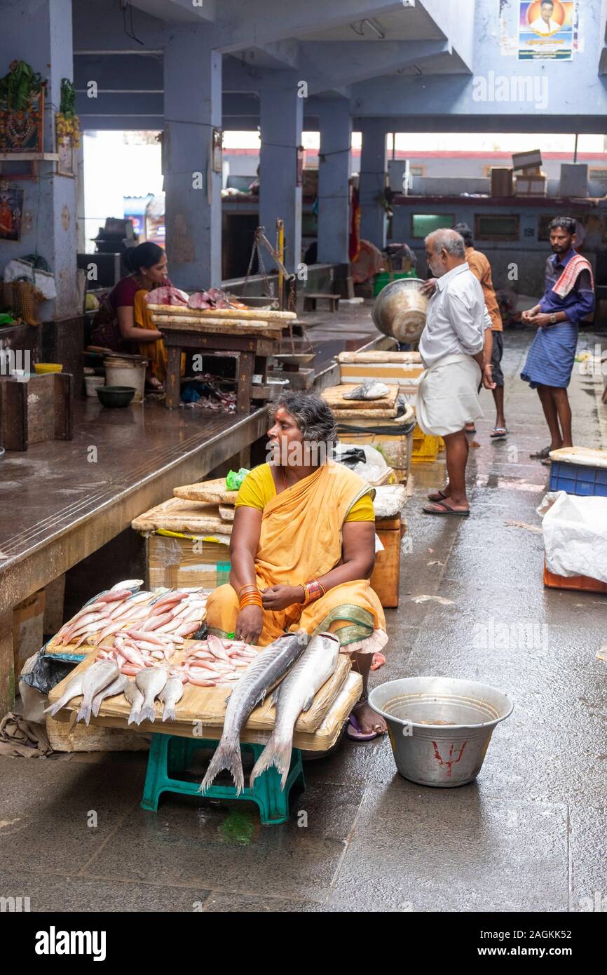 Frau verkaufen Fische in Goubert Markt, Puducherry, Tamil Nadu, Indien Stockfoto