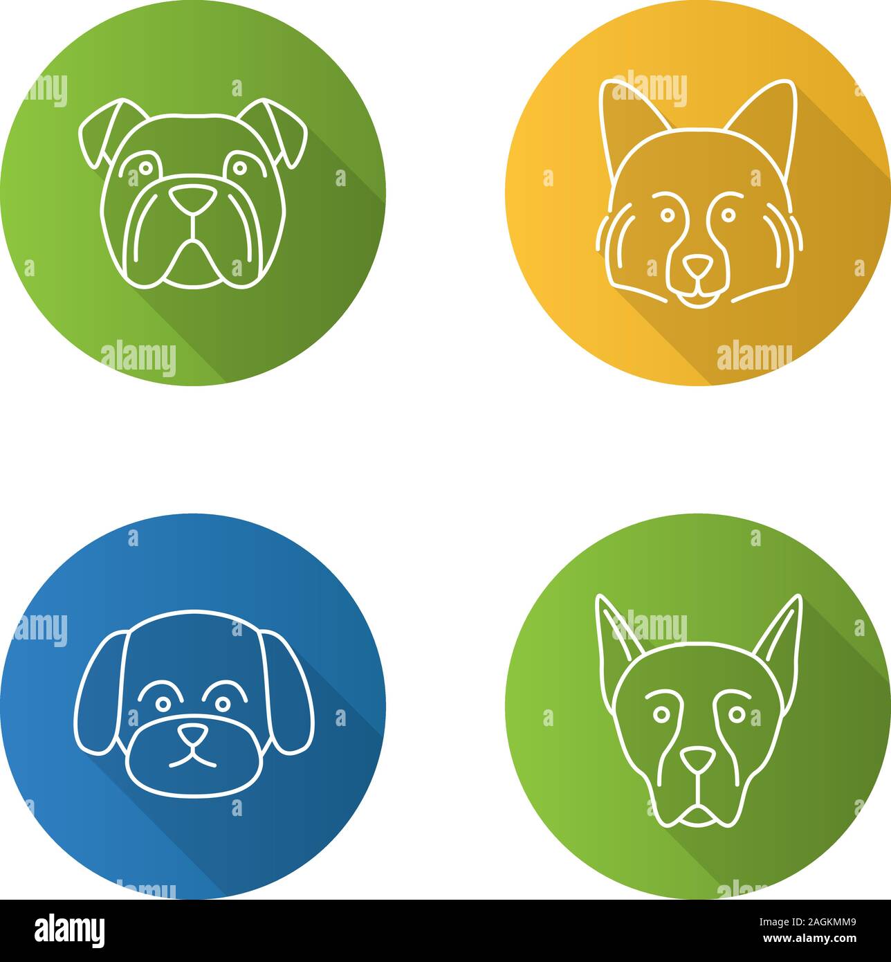 Hunde Rassen Flachbild lineare lange Schatten Symbole gesetzt. Englische Bulldogge, Spitz, der maltesischen, der Dobermann. Vektor Kontur Abbildung Stock Vektor