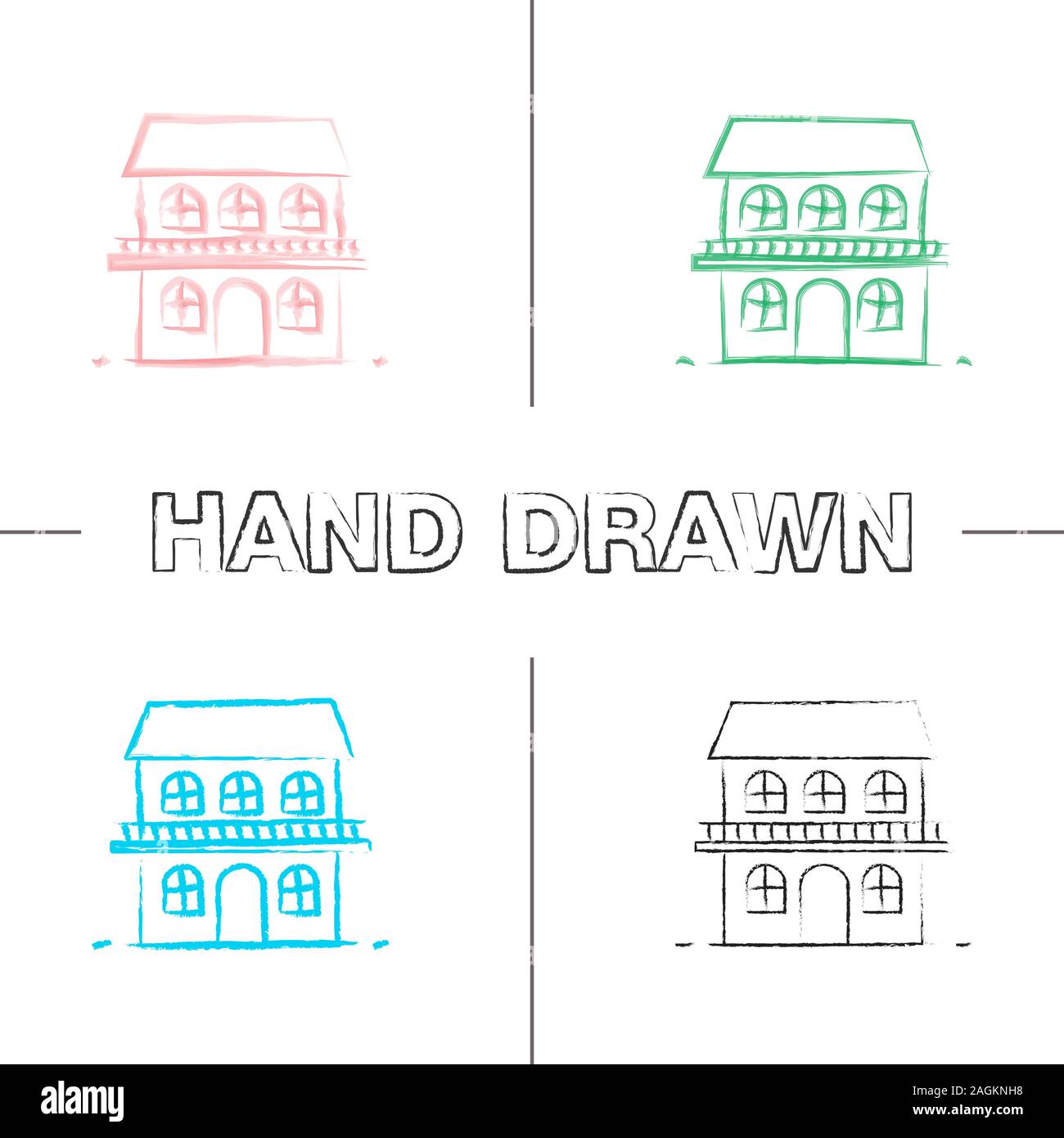 Zweistöckiges Ferienhaus Hand gezeichneten Symbole gesetzt. Chalet. Haus. Farbe pinselstrich. Isolierte Vektor sketchy Abbildungen Stock Vektor
