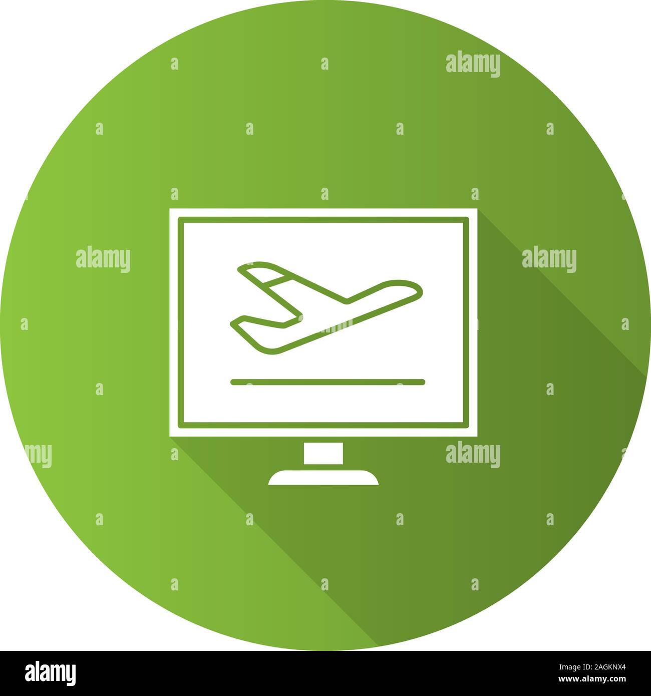 Flugtickets online buchen flache Bauweise lange Schatten glyph Icon. Flüge planen. Computer Display mit dem Flugzeug. Vektor silhouette Abbildung Stock Vektor