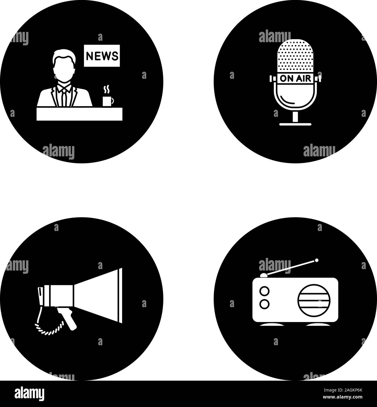 Massenmedien Glyphe Symbole gesetzt. Drücken Sie die Eingabetaste. TV-Moderator, Mikrofon, Megaphon, Radio. Vektor weisse Silhouetten Abbildungen in schwarzen Kreis Stock Vektor