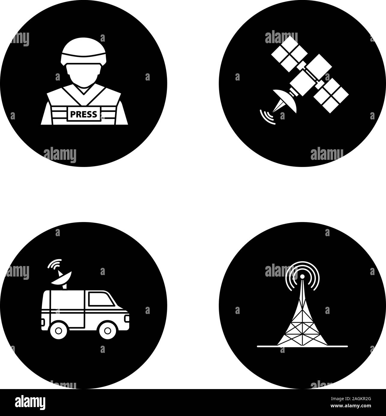 Massenmedien Glyphe Symbole gesetzt. Drücken Sie die Eingabetaste. Kriegsberichterstatter, Sat-Signal, Nachrichten van, Radio Tower. Vektor weisse Silhouetten Abbildungen in schwarzen Kreis Stock Vektor