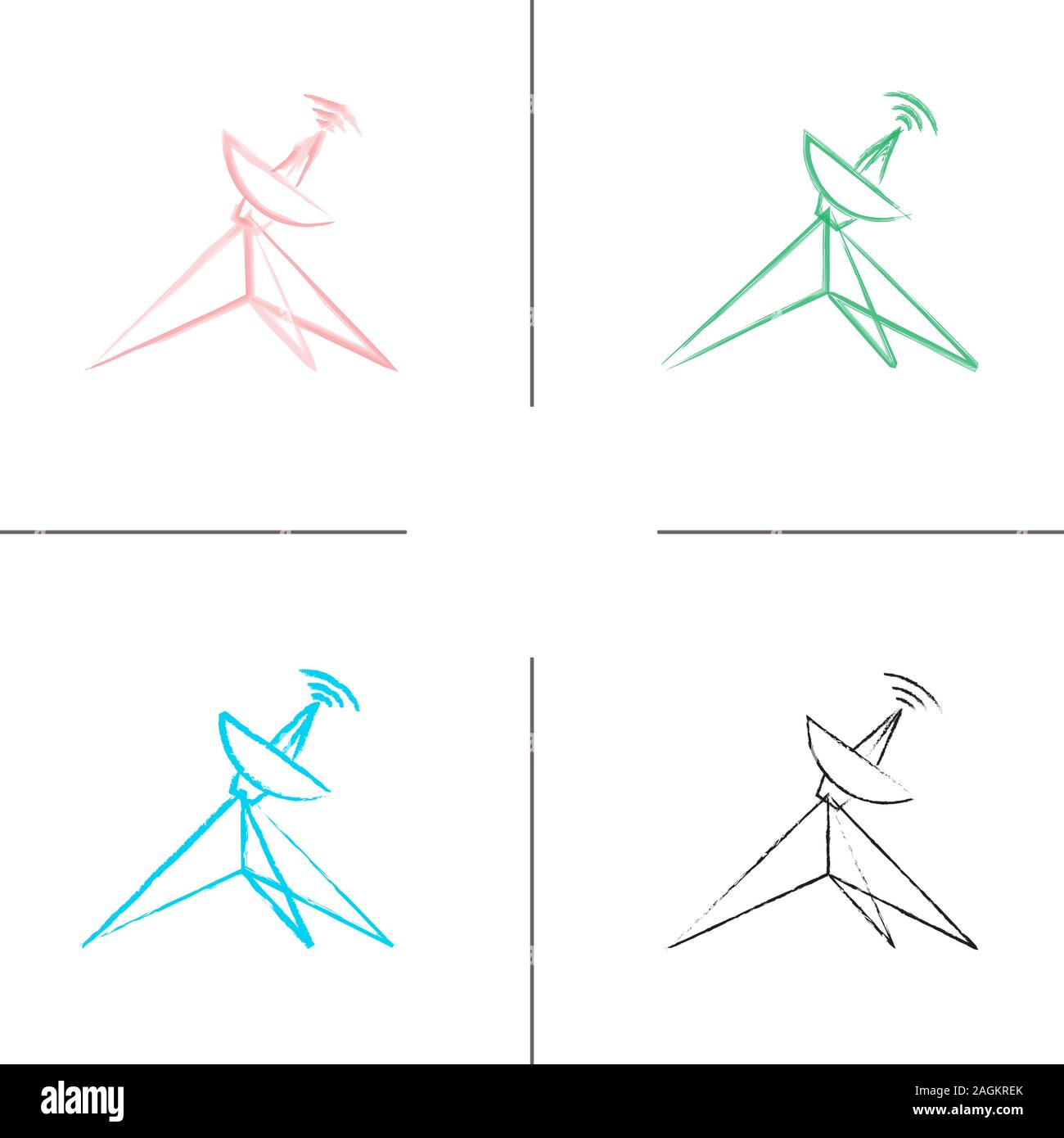 Satellitenschüssel Hand gezeichneten Symbole gesetzt. Parabolantenne. Farbe pinselstrich. Isolierte Vektor sketchy Abbildungen Stock Vektor