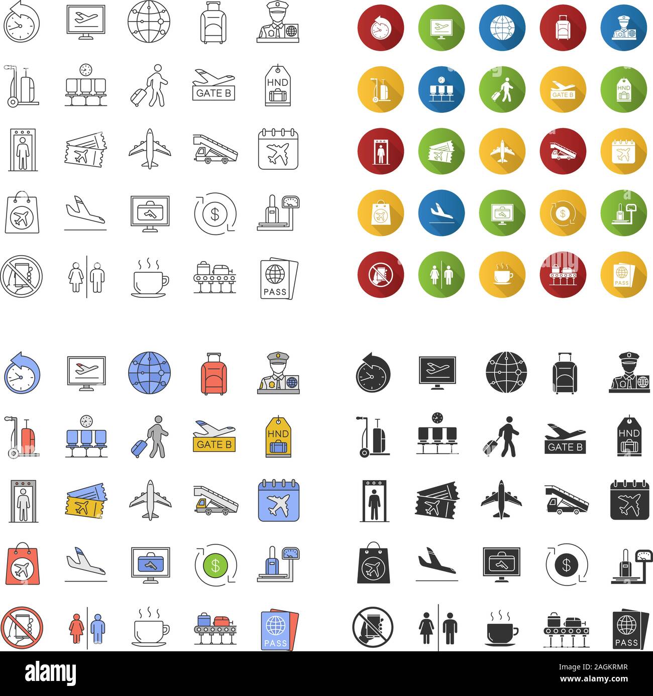 Airport Service Symbole gesetzt. Passkontrolle, Gepäck, Tickets, Flüge, Management. Lineare, flache Bauform, Farbe und glyphe Stile. isolierte Vektor Stock Vektor