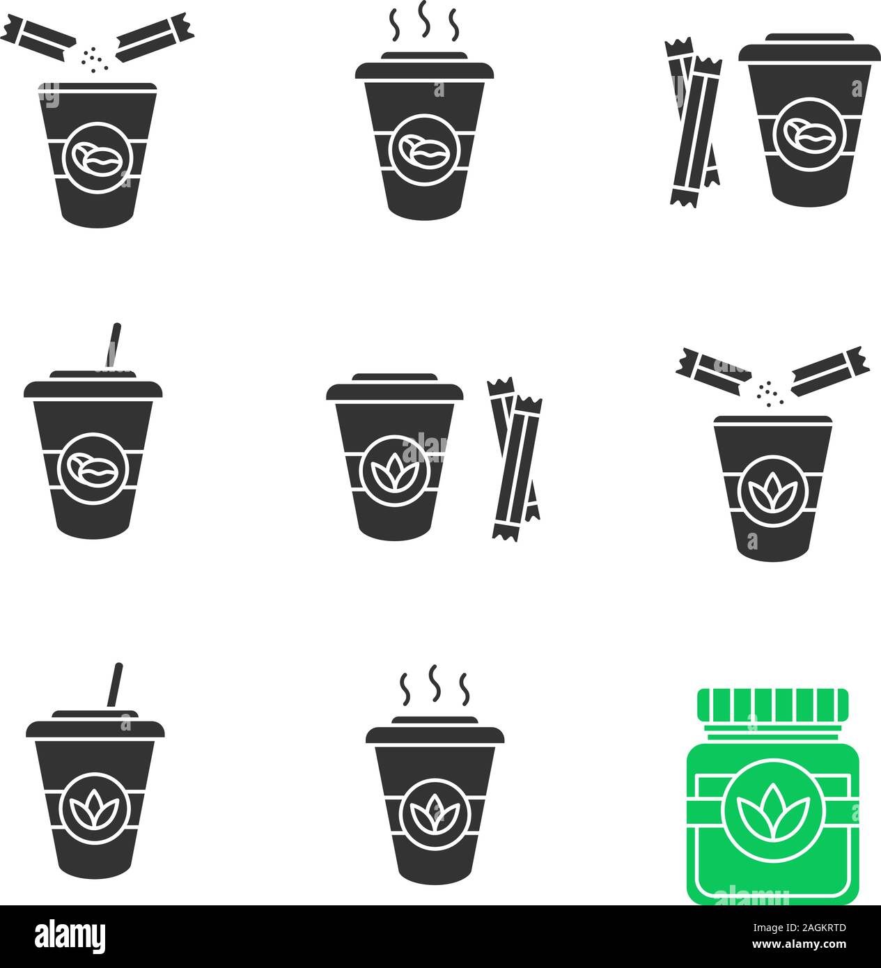 Kaffee und Tee Getränke mit Zucker Zeichenvorrat Symbole. Detox Kräuter und Cocktails. Silhouette Symbole. Vektor isoliert Abbildung Stock Vektor