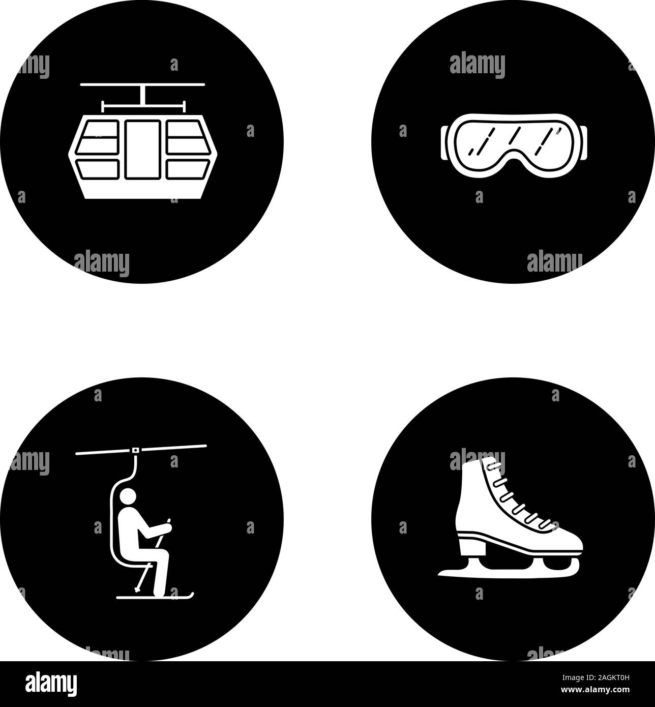 Aktivitäten im Winter Glyphe Symbole gesetzt. Seilbahn, Skibrille, Sessellift, Schlittschuh. Vektor weisse Silhouetten Abbildungen in schwarzen Kreisen Stock Vektor