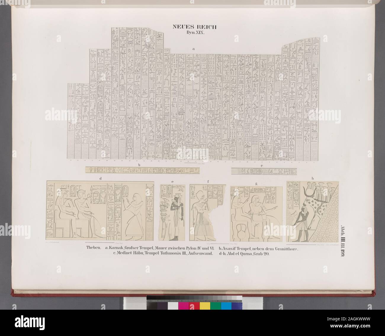 Neues Reich. Dynastie XIX. Theben [Theben]: a. Karnak, grosser Tempel, Mauer zwischen Pylon IV und VI; b. Asasif Tempel, neben dem Granitthore; c. Medînet Hâbu, Tempel Thutmosis III, Aussenwand; d-h. Abd el-Qurna, Grab 20; Neues Reich. Dynastie XIX. Theben [Theben]: a. Karnak, grosser Tempel, Mauer zwischen Pylon IV und VI; b. Asasif Tempel, neben dem Granitthore; c. Medînet Hâbu, Tempel Thutmosis III, Aussenwand; d-h. Abd el-Qurna, Grab 20. Stockfoto