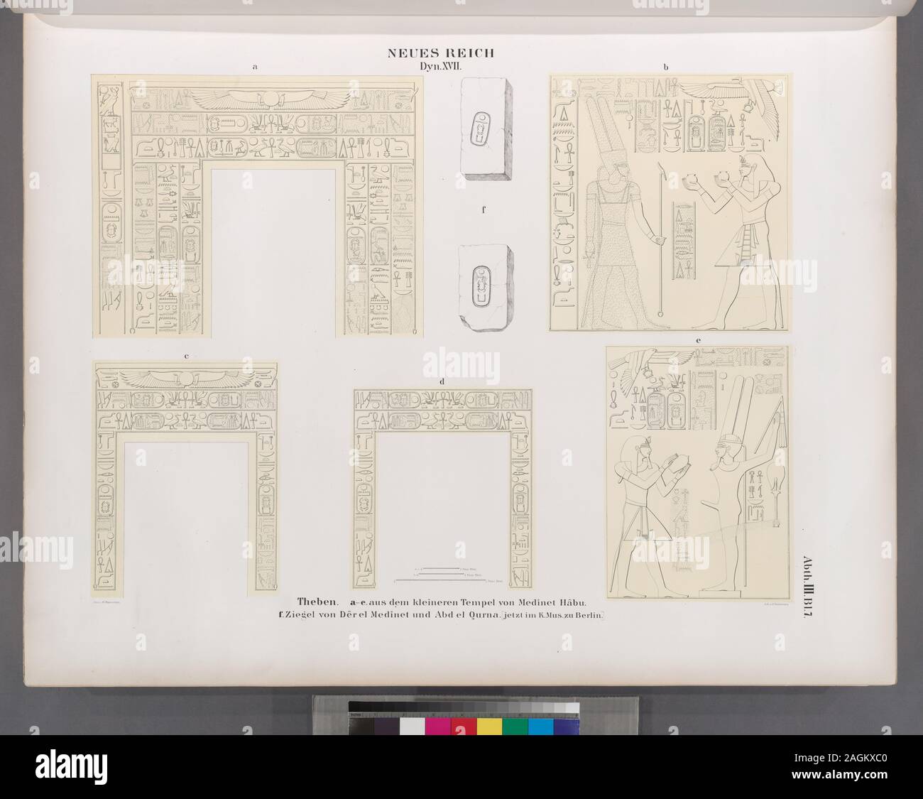 Neues Reich. Dynastie XVII. Theben [Theben]: a-e aus dem kleineren Tempel von Medînet Hâbu; f) Ziegel von Medînet Dêr el [Dayr al-Madînah Website] und Abd El Qurna. [Jetzt im K. Museum zu Berlin.]; Neues Reich. Dynastie XVII. Theben [Theben]: a-e aus dem kleineren Tempel von Medînet Hâbu; f) Ziegel von Medînet Dêr el [Dayr al-Madînah Website] und Abd El Qurna. [Jetzt im K. Museum zu Berlin.] Stockfoto