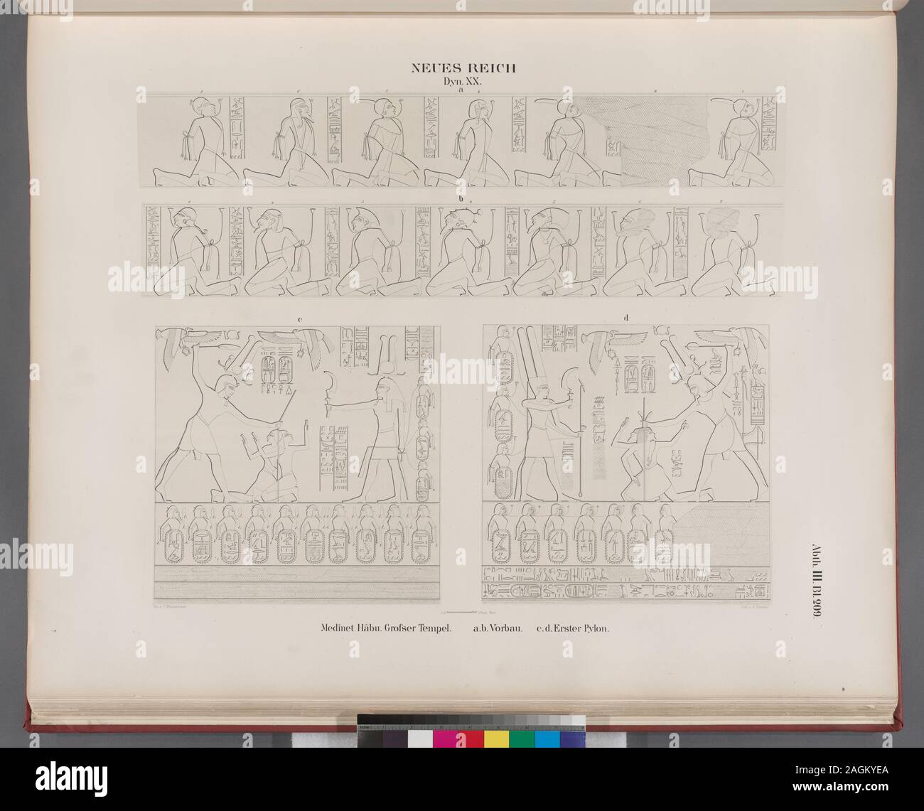 Neues Reich. Dynastie XX. Medînet Hâbu. Grosser Tempel: a. Vorbau; c. d. Erster Pylon.; Neues Reich. Dynastie XX. Medînet Hâbu. Grosser Tempel: a. Vorbau; c. d. Erster Pylon. Stockfoto