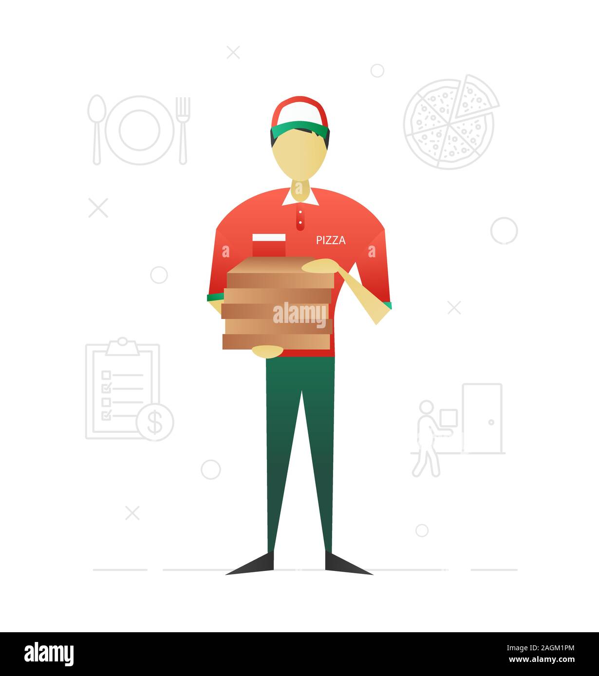 Pizza deliveryman flat Character Design. Lieferservice. Vektor isoliert Abbildung Stock Vektor