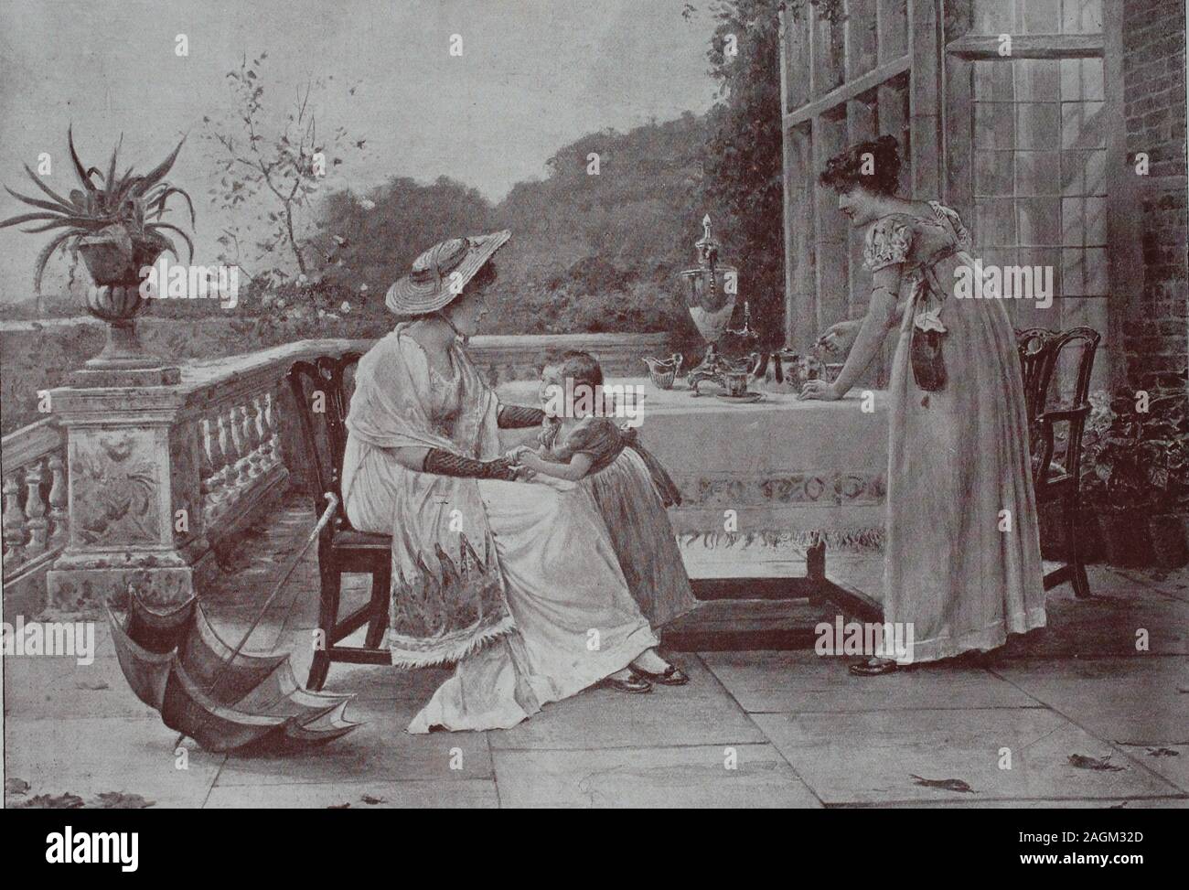 Auf der Terrasse, zwei Frauen und ein kleines Mädchen, decken den Tisch, original Drucken aus dem Jahr 1899, auf der Terrasse, zwei Frauen mit einem kleinen Mädchen, decken den Kaffeetisch, Reproduktion einer Originalvorlage aus dem 19. Jahrhundert, digital verbessert Stockfoto