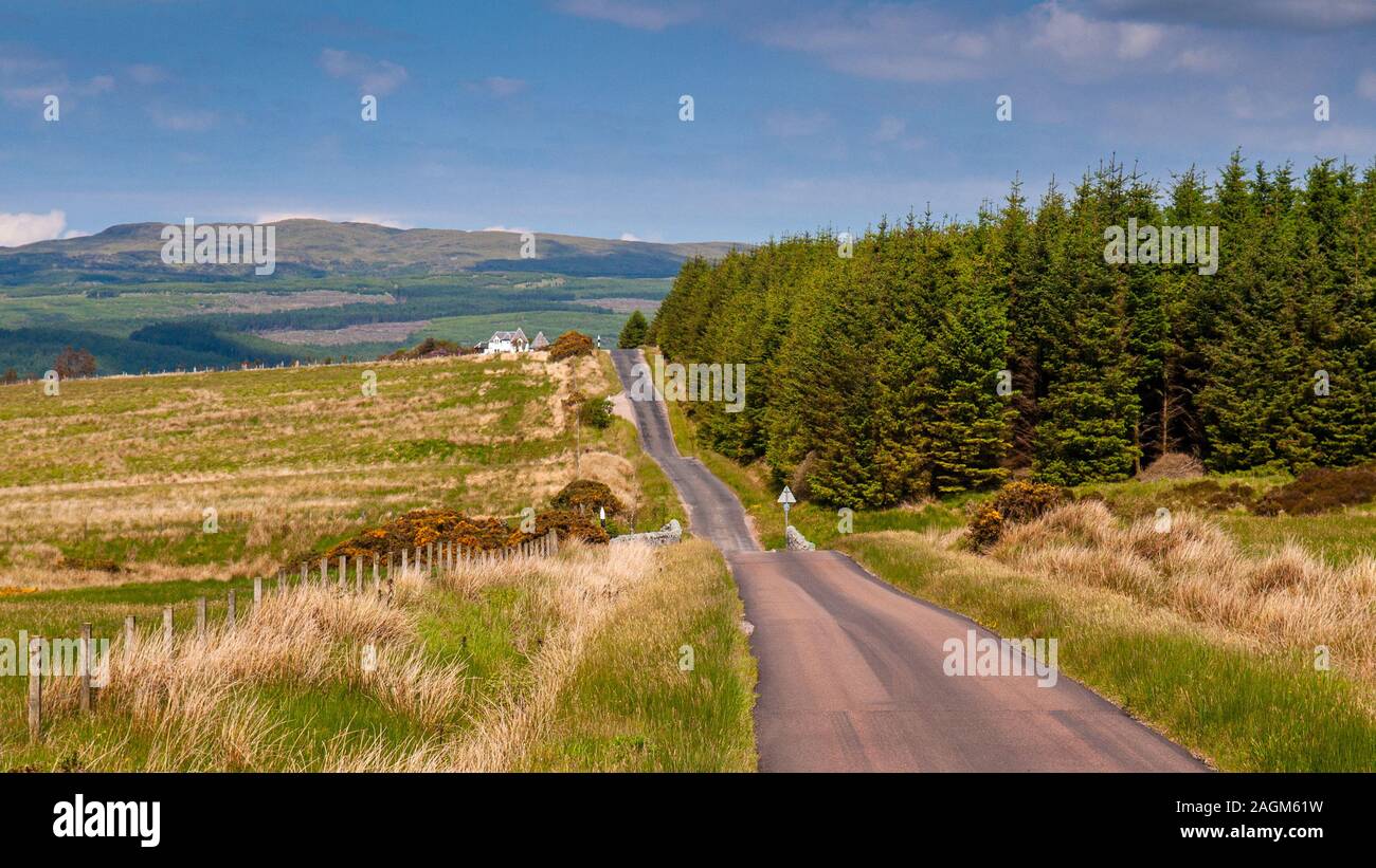 Ein Feldweg, Teil des National Cycle Network's 'Caledonia' läuft vorbei an Feldern und Wäldern in Kintyre in den Highlands von Schottland. Stockfoto
