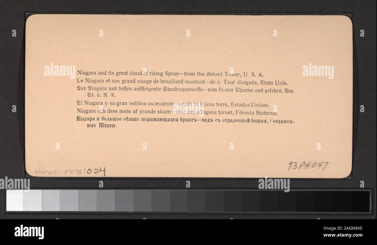 Niagara und es ist grand Wolke von steigenden Spray, aus dem fernen Turm, USA Geschenk von Robert Dennis, 1982 und Frau George R. Collins, 1993. Robert Dennis Sammlung von stereoskopische Ansichten. Einige Ansichten von George Barker urheberrechtlich geschützt. Titel von Cataloger'. Ansichten sind nummeriert 1-18, 29, 73-75. Blick auf die Niagara Fälle, einschließlich der Fälle, Aussetzung und Ausleger Brücken, winter Szenen einschließlich Rodeln, Mädchen des Nebels, einschließlich Ansicht der Passagiere in Regenkleidung, Eisenbahn unter dem Wasserfall, Touristen anzeigen Der fällt. Einige Ansichten dupliziert.; Niagara und es ist grand Wolke von steigenden Spray, aus der di Stockfoto
