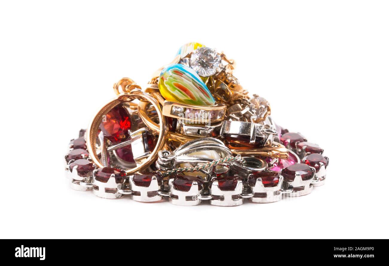Verschiedene Schmuck auf dem weißen Hintergrund Stockfoto