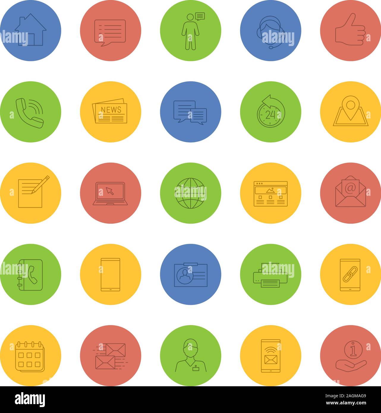 Information Center lineare Symbole gesetzt. Büroartikel, Kommunikationsgeräte, support service. Thin Line outline Symbole auf farbigen Hintergrund. Vektor il Stock Vektor