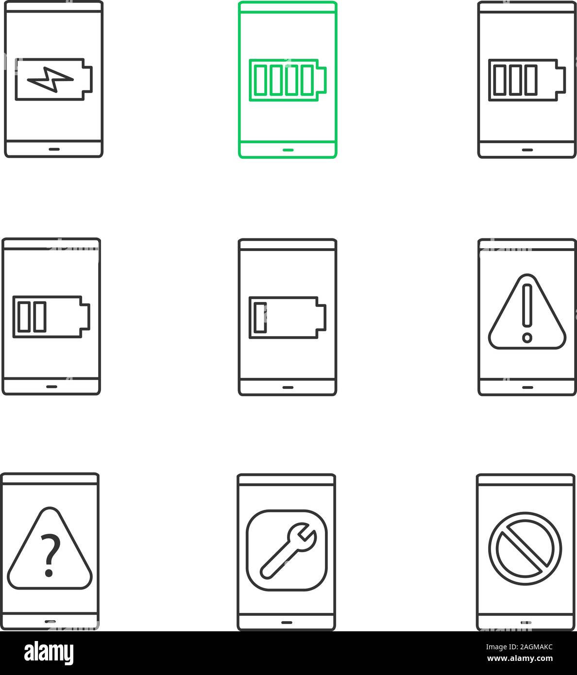 Smartphone lineare Symbole gesetzt. Niedrige und hohe Smartphone Akku, Fehler, FAQ, Einstellungen, kein Signal. Thin Line Kontur Symbole. Isolierte Vektor outli Stock Vektor