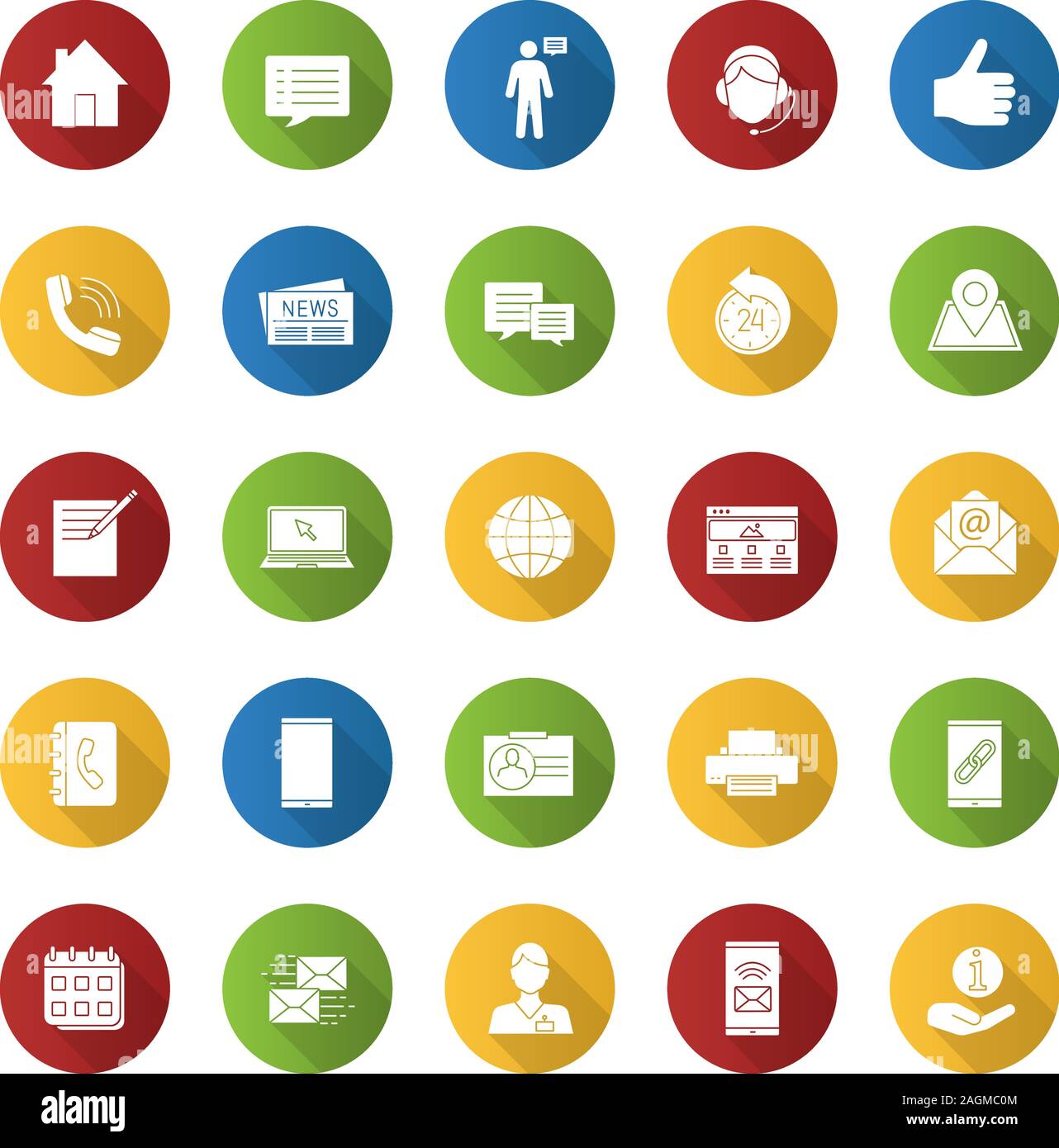 Information Center flache Bauweise lange Schatten Glyphe Symbole gesetzt. Büroartikel, Kommunikationsgeräte, support service. Vektor silhouette Abbildung Stock Vektor