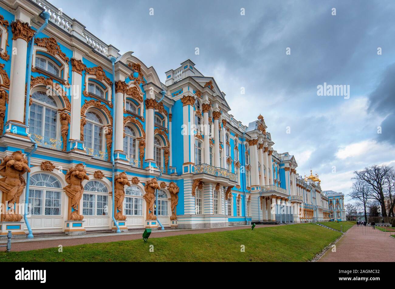 Die Catherine Palace, in der Stadt von Zarskoje Selo befindet. Russische Residenz von Romanov Zaren in Zarskoje Selo (Puschkin), Sankt Petersburg, Russland Stockfoto