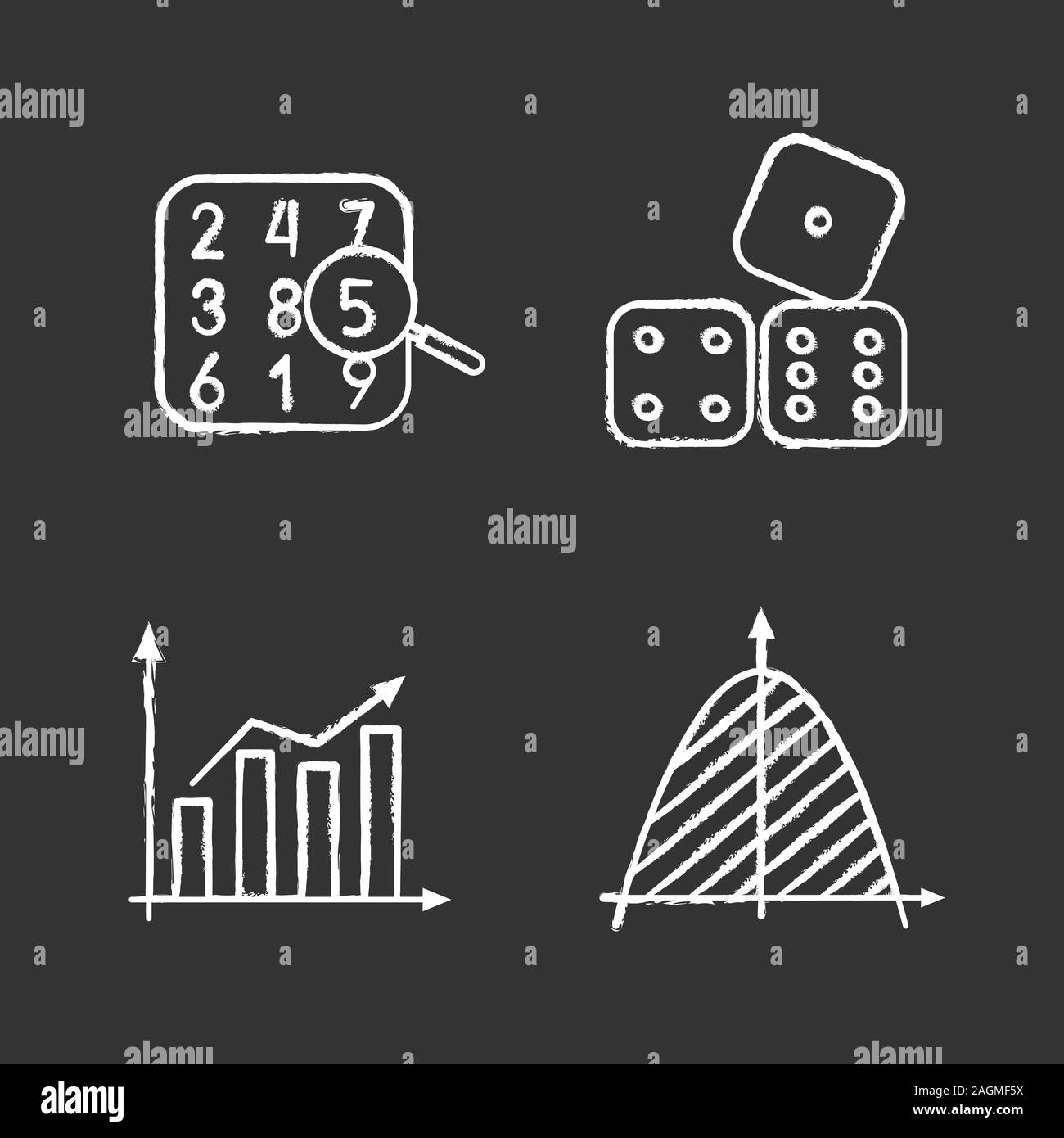 Mathematik chalk Symbole gesetzt. Zahlentheorie, Statistiken, Koordinatensystem, würfelt. Isolierte vektor Tafel Abbildungen Stock Vektor