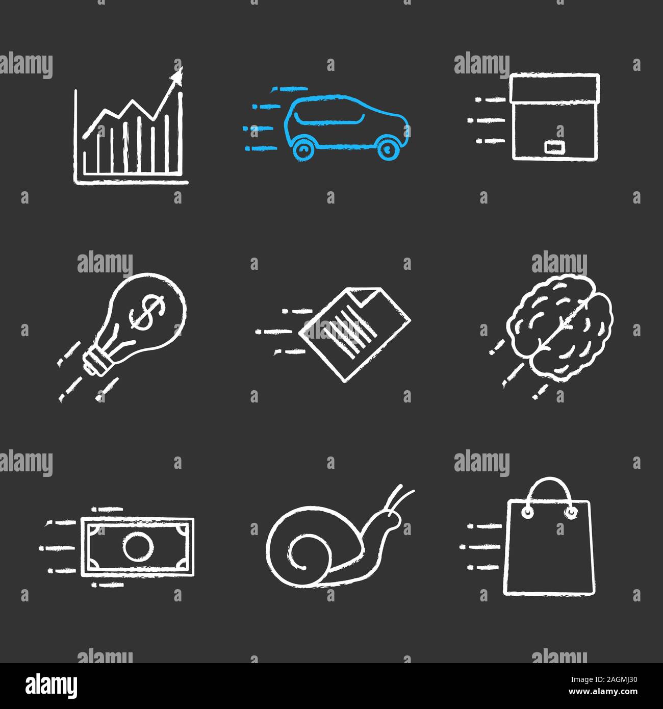 Motion chalk Symbole gesetzt. Geschwindigkeit. Chart, Schnecke, Auto, Fliegen, Paket, Datei, Dollar, Gehirn, Idee, schnell einkaufen. Isolierte vektor Tafel Abbildungen Stock Vektor