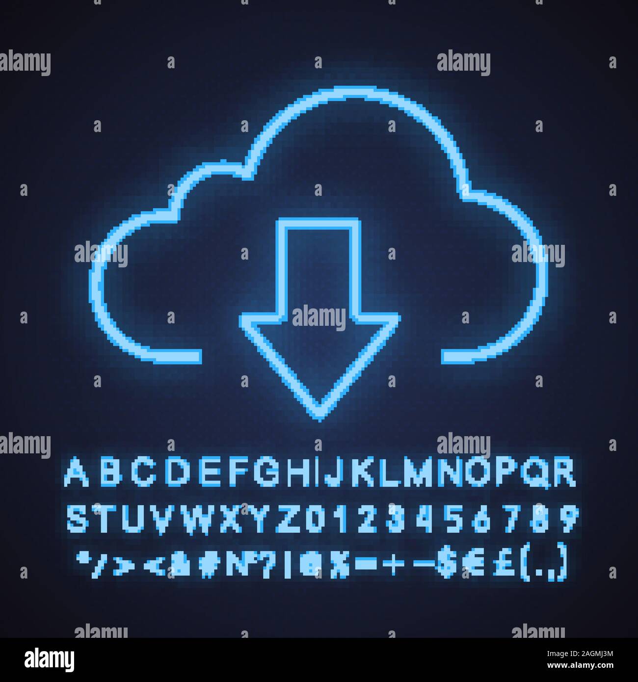 Cloud Storage Dateien herunterladen Neonlicht Symbol. Cloud Computing. Leuchtende Zeichen mit Alphabet, Zahlen und Symbolen. Vektor isoliert Abbildung Stock Vektor