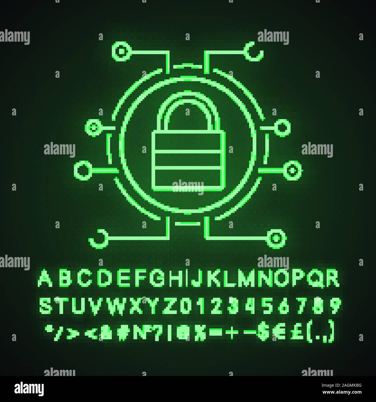 Lock Neonlicht Symbol. Digital Access. Geschlossene Vorhängeschloss im Mikrochip Pathways. Cyber Security. Leuchtende Zeichen mit Alphabet, Zahlen und Symbolen. Vektor ist Stock Vektor