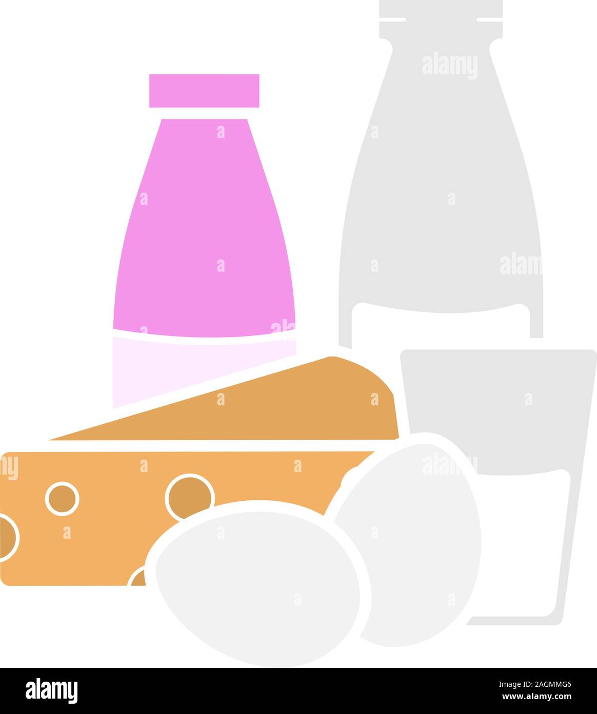 Milchprodukte Glyphe Farbe Symbol. Glas und Flasche Milch, Eier, Käse und Joghurt. Silhouette Symbol auf weißem Hintergrund ohne Grenzen. Negative sp Stock Vektor