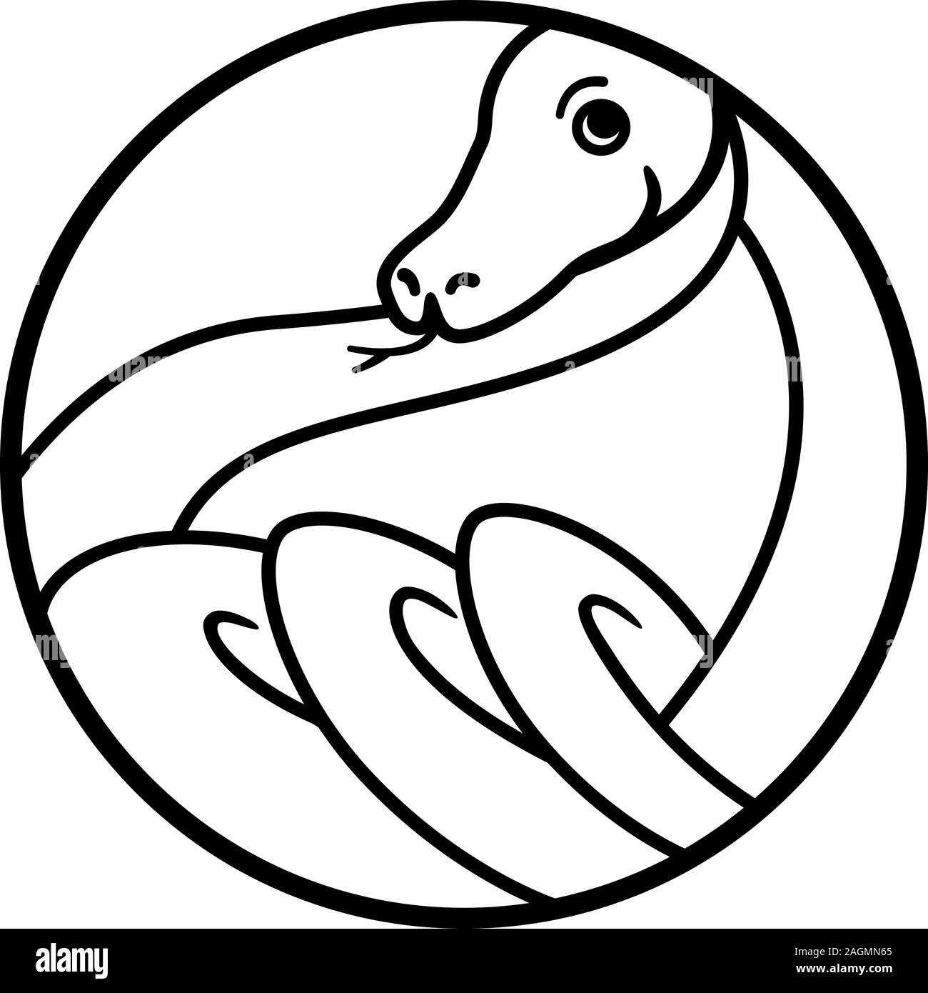 Logo mit Schlangenumriss. Runde geometrische Form. Verdrehte Reptilienringe Grafik Illustration für Tattoo, Aufkleber, Logo. Stock Vektor